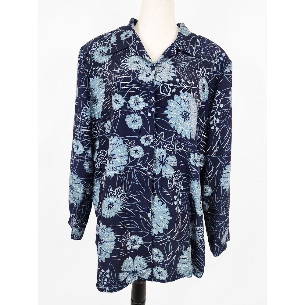 Navy Light Blue Floral Abstract 18W Vintage Y2K Button Up Tunic Blouse